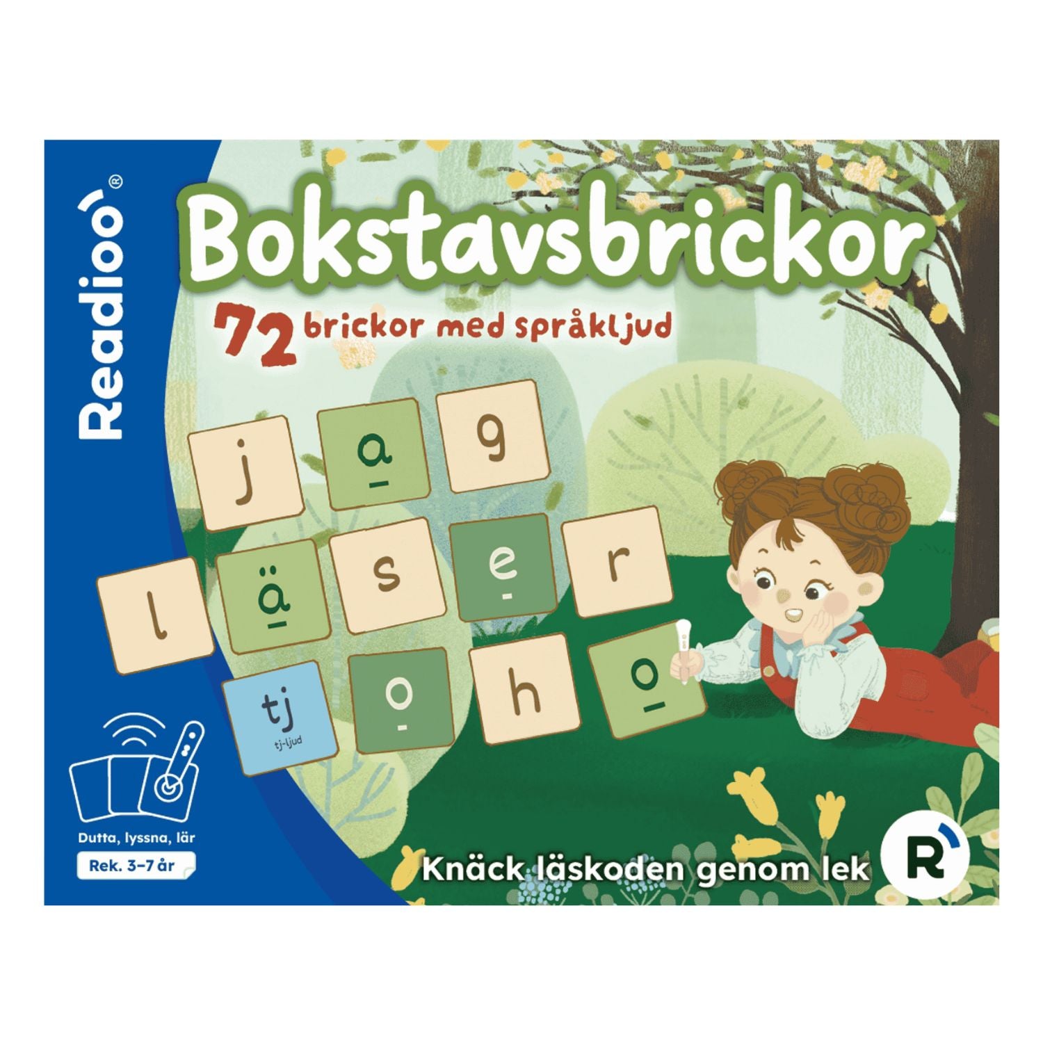 Readioo Bokstavsbrickor, förpackning med 72 brickor med språkljud, illustrerat barn och brickor som bildar orden jag läser.