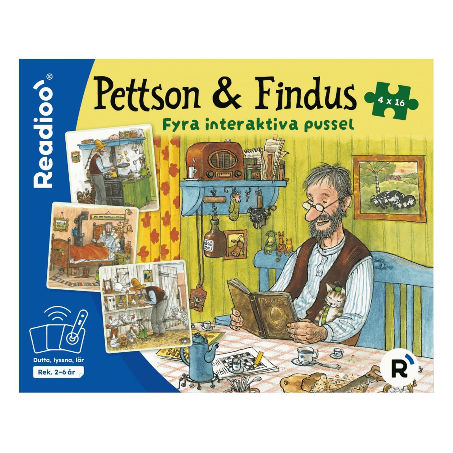 Readioo Pettson & Findus, förpackning med fyra interaktiva pussel om 16 bitar vardera, rekommenderad ålder 2 till 6 år.