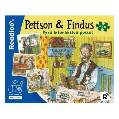 Readioo Pettson & Findus, förpackning med fyra interaktiva pussel om 16 bitar vardera, rekommenderad ålder 2 till 6 år.