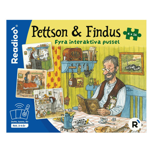 Readioo Pettson & Findus, förpackning med fyra interaktiva pussel om 16 bitar vardera, rekommenderad ålder 2 till 6 år.
