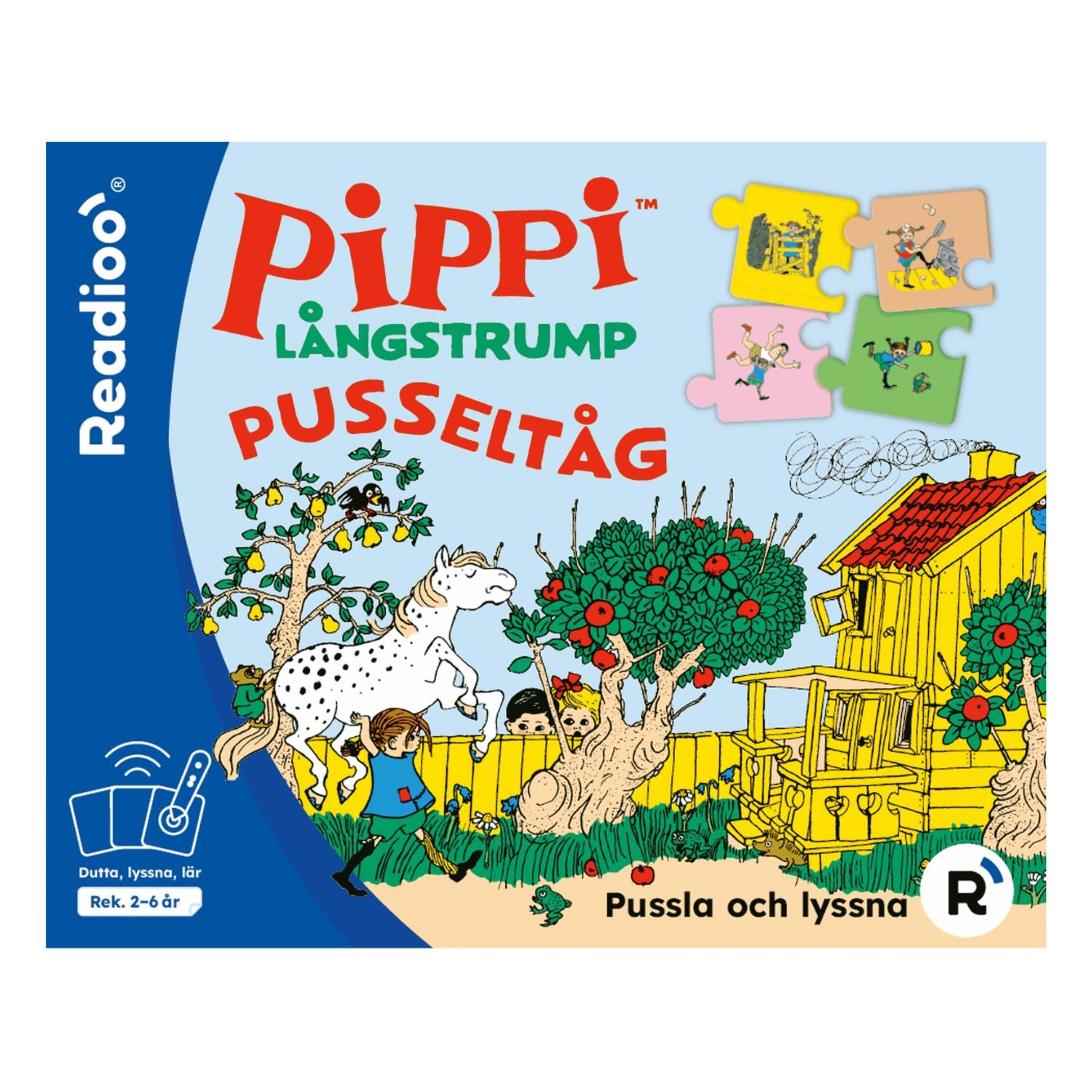 Readioo Pippi Långstrump Pusseltåg, förpackning med pusselbitar och motiv från Villa Villekulla, ålder 2 till 6 år.