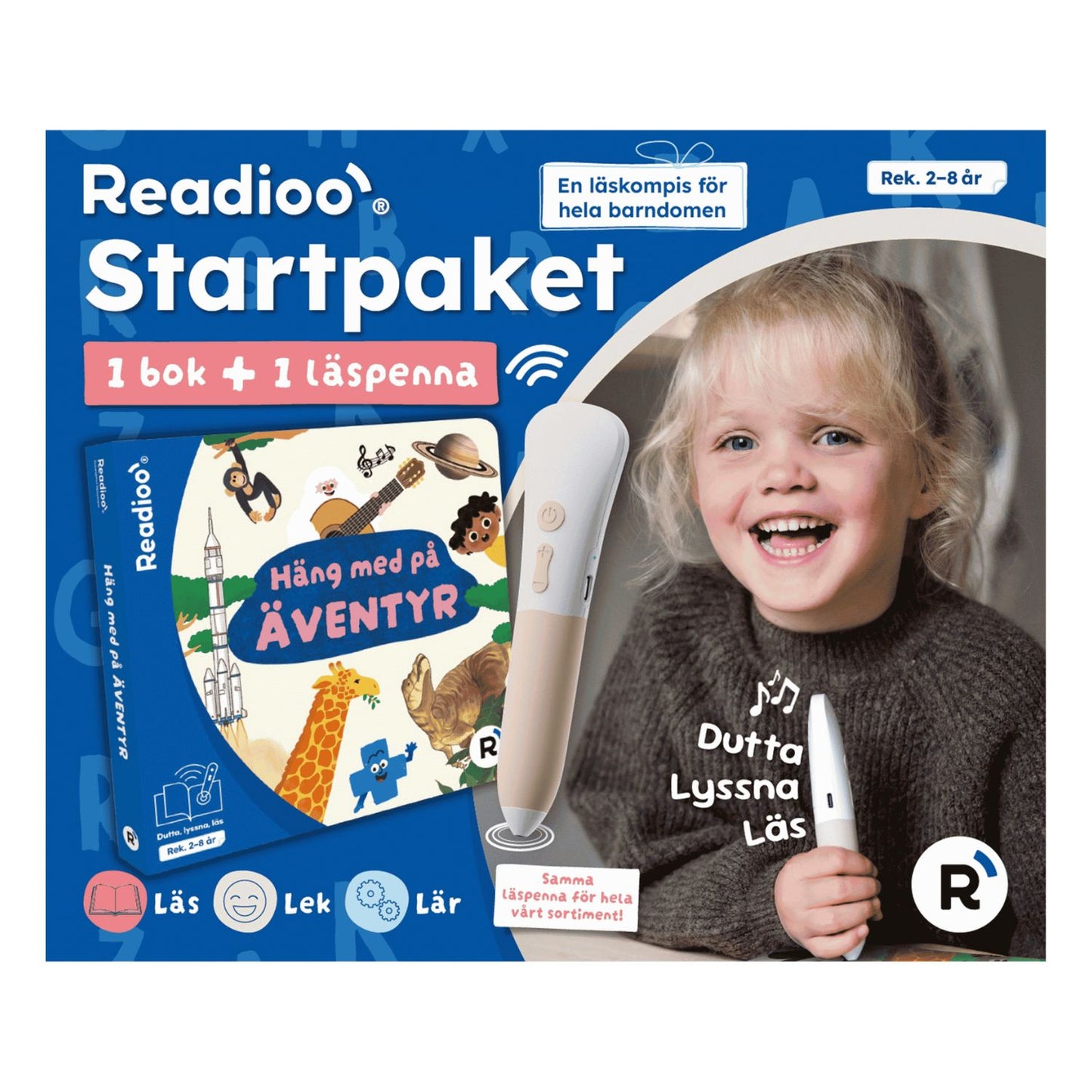 Readioo Startpaket Häng med på äventyr, läspenna och skrattande barn på blå förpackning, rekommenderad ålder 2 till 8 år.