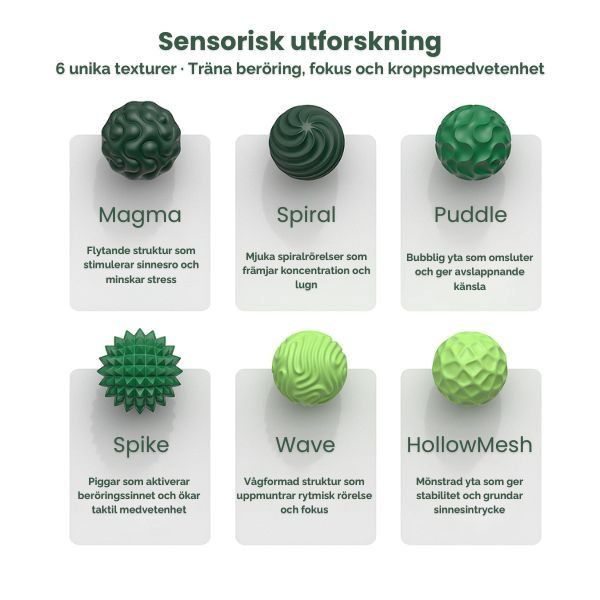 Sex unika texturer i magnetiska sensoriska fidgetbollar – Magma, Spiral, Puddle, Spike, Wave och HollowMesh för taktil stimulans