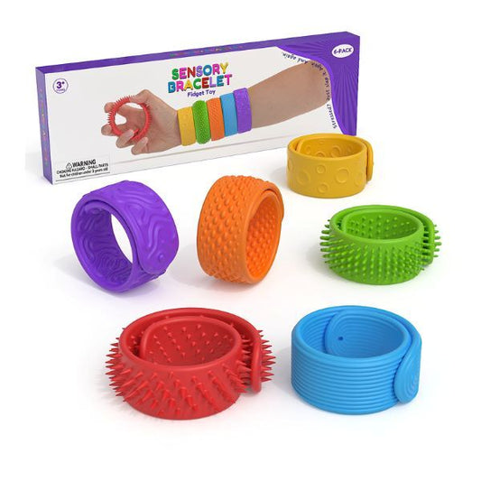 Sex hoprullade sensoriska fidgetarmband i olika färger som visar variation i taktila strukturer.