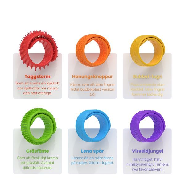 Översikt av sex sensoriska fidgetarmband med olika strukturer för NPF-vänlig taktil stimulans.