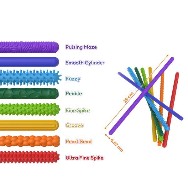 Åtta olika fidgetstavar med unika taktila texturer i klara färger