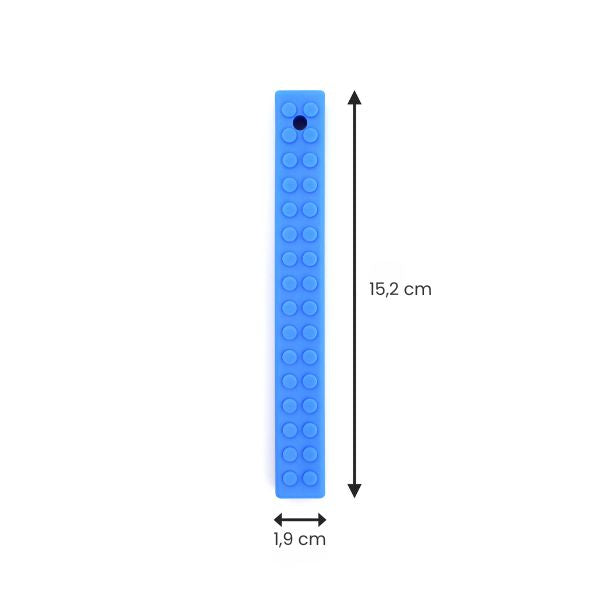 Blått MEGA Brick Stick med måttangivelse – 15,24 cm långt och 1,9 cm brett, idealiskt sensoriskt tugghjälpmedel.