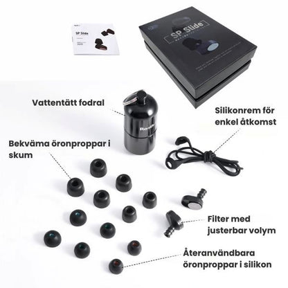 Slide hörselskydd med tillbehör, inklusive skum- och silikontoppar, justerbart filter och fodral