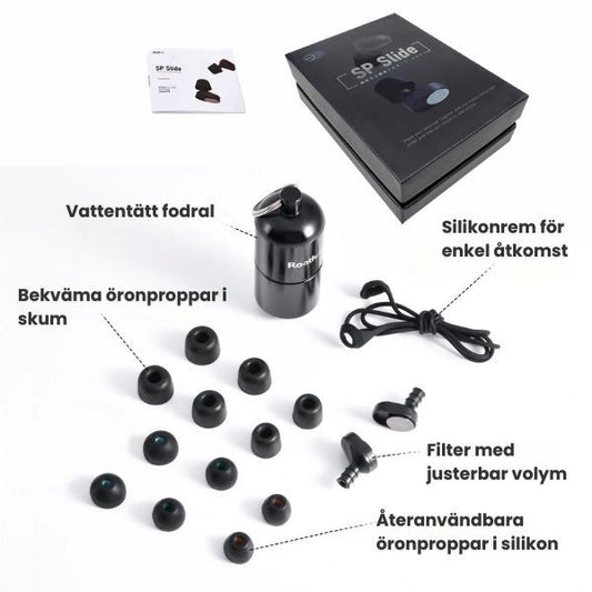 Slide hörselskydd med tillbehör, inklusive skum- och silikontoppar, justerbart filter och fodral