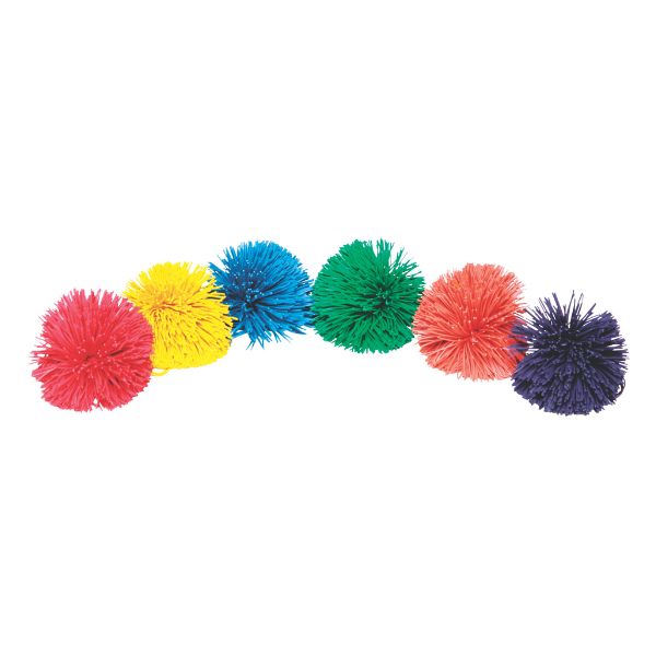 Sex enfärgade pompombollar i 10 cm-storlek – mjuka gummitrådar för taktil stimulans i skola och hem.