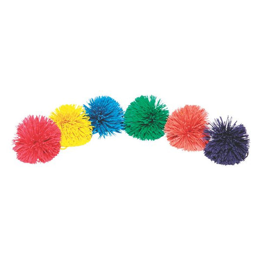 Sex enfärgade pompombollar i 10 cm-storlek – mjuka gummitrådar för taktil stimulans i skola och hem.
