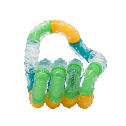 Tangle BrainTools Imagine i limegrönt, orange och vitt, ihoprullad i kompakt form