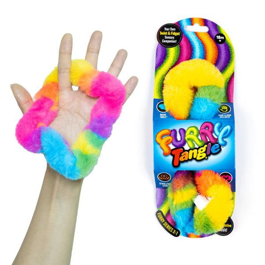 Regnbågsfärgad sensorisk Tangle med fluffig yta för avslappning och koncentration.