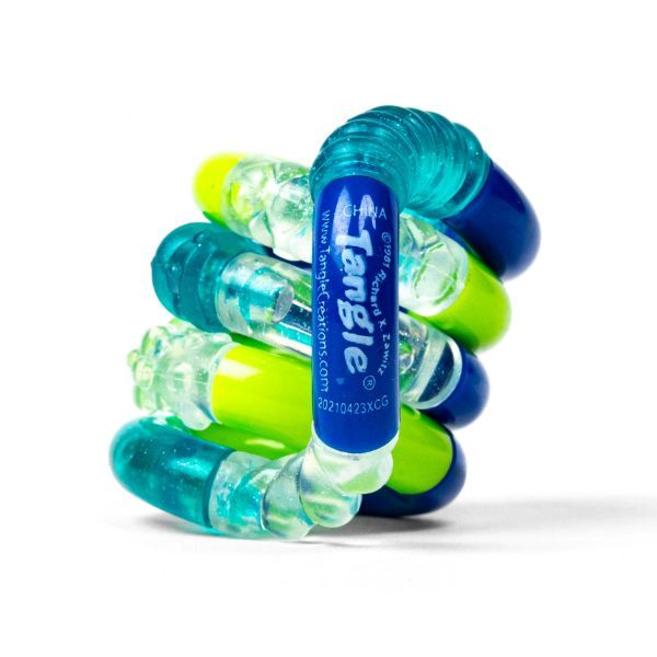 En sensorisk fidget med knottrig yta i blått och grönt, designad för att minska stress och förbättra fokus.