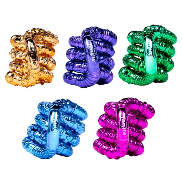 Fem varianter av den metalliska fidget-leksaken i blått, lila, rosa, grönt och guld.