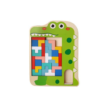 Tetris pussel i trä med krokodilmotiv som tränar problemlösning och