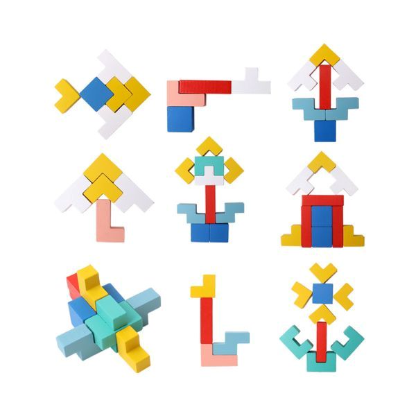 Exempel på kreativa 3D-konstruktioner med tetrisblock i trä