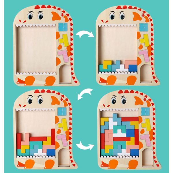 Steg för steg hur tetris pusslet i trä fylls med bitar i dinosauriemodellen