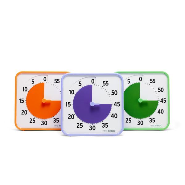 Sekundär kollektion av Time Timer Medium 3-pack i färgerna orange, grön och lila.