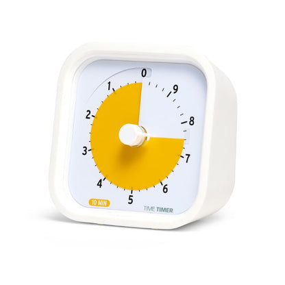 Visuell timer Time Timer MOD 10 min i vit design med tydlig gul skiva.