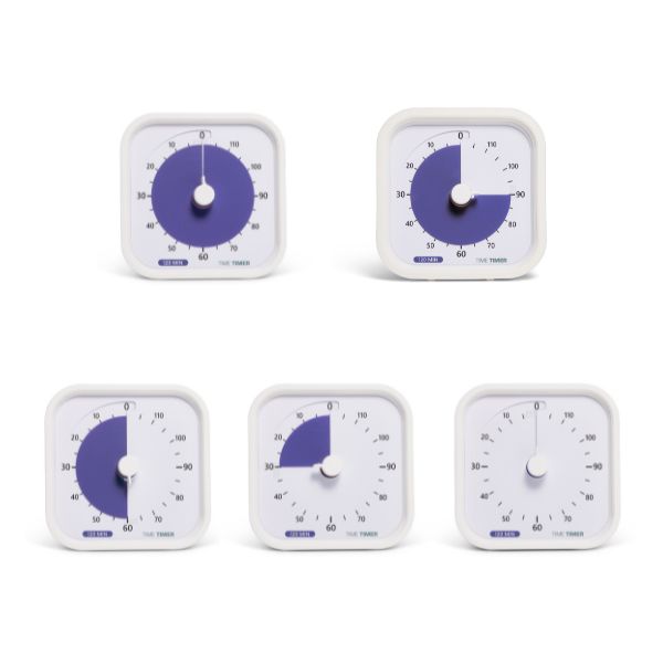 Set med fem Time Timer MOD 120 min som visar olika tidsintervaller för längre aktiviteter och fokus