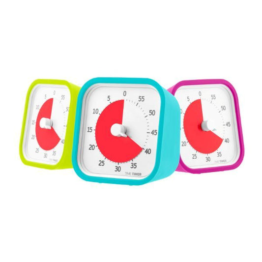 Tre Time Timer MOD med färgglada silikonfodral i blått, grönt och rosa som visar timerns display.