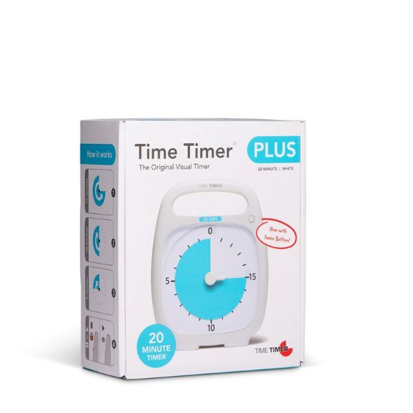 Förpackning till Time Timer PLUS 20 min, vit timer med blå skiva.