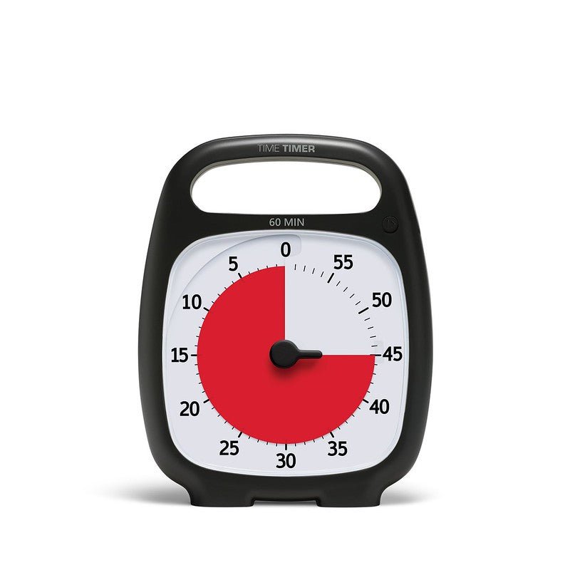 Time Timer Plus i svart med 60-minuters nedräkning, ett bärhandtag och den röda skivan som visualiserar kvarvarande tid.