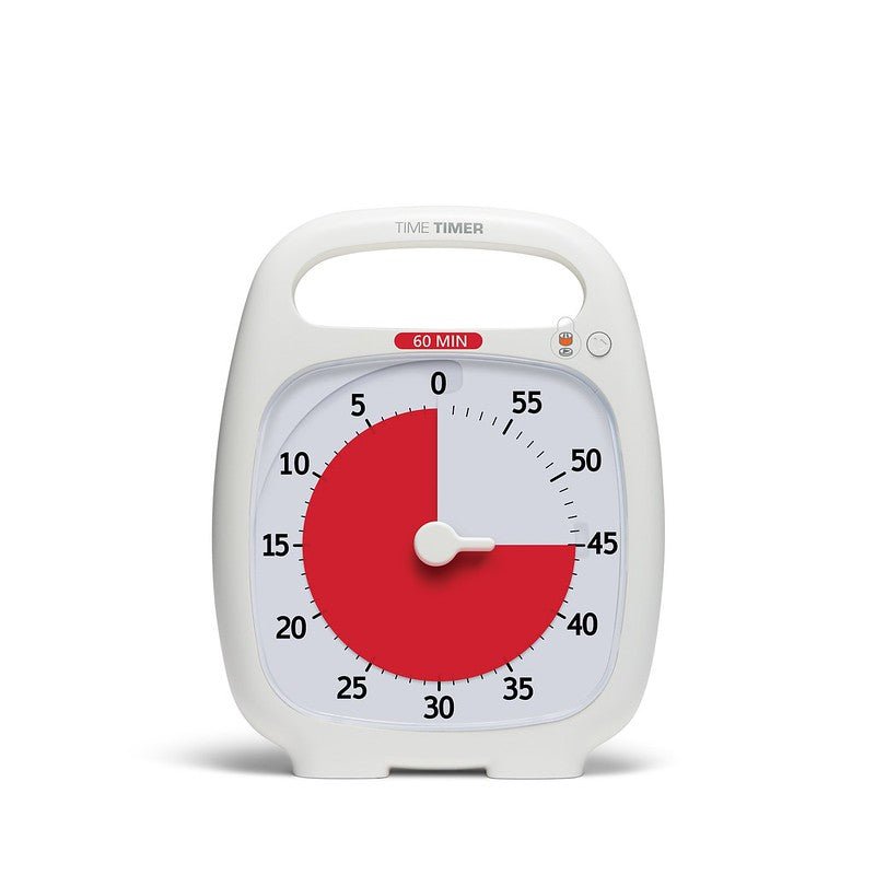 Time Timer Plus i vitt med den röda skivan som visualiserar nedräkningstiden.