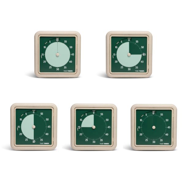 Time Timer RETRO Eco Land (grön) i olika tidspunkter som visar visuell nedräkning.