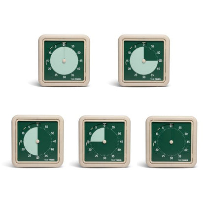 Time Timer RETRO Eco Land (grön) i olika tidspunkter som visar visuell nedräkning.