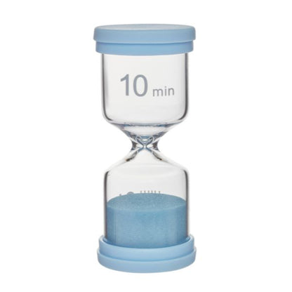 Timglas 10 minuter med blått lock och sand, timer för läxläsning, spel och koncentration vid NPF.