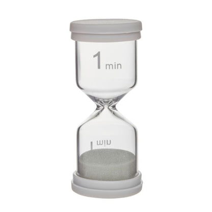 Timglas för 1 minut med grått lock och grå sand.