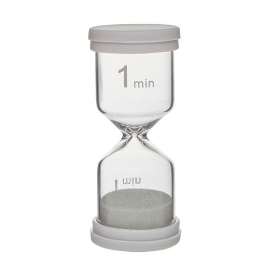 Timglas för 1 minut med grått lock och grå sand.