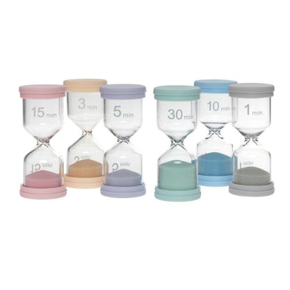 Set med sex färgkodade timglas (1, 3, 5, 10, 15 och 30 minuter) som visuellt hjälpmedel och timer för barn med NPF.
