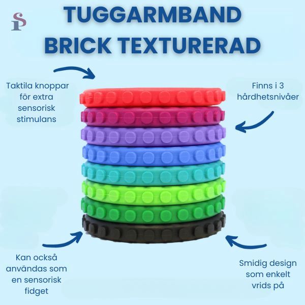 Flera Tuggarmband Brick i olika färger, staplade för att visa textur och storlek.