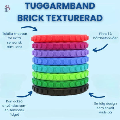 Flera Tuggarmband Brick i olika färger, staplade för att visa textur och storlek.