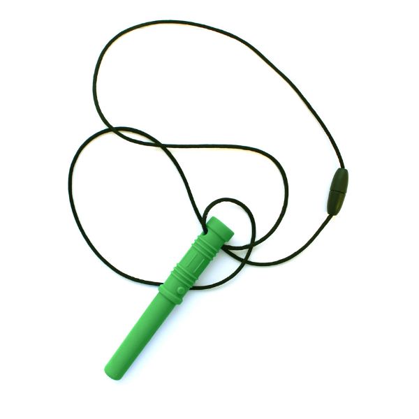 Bite Saber halsband i närbild, visar justerbart snöre och säkerhetsspänne