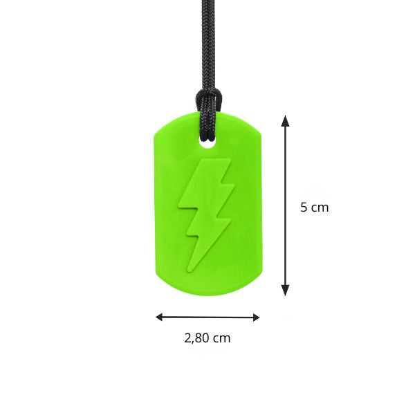 Storleksjämförelse av Tugghalsband Bolt Bite Lightning, ca 5 cm högt.
