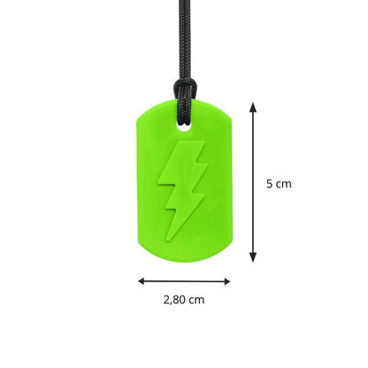 Storleksjämförelse av Tugghalsband Bolt Bite Lightning, ca 5 cm högt.
