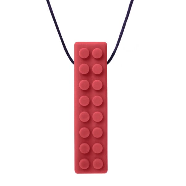 Mörkrött tugghalsband Brick Stick med upphöjda knoppar, designat för sensorisk reglering.