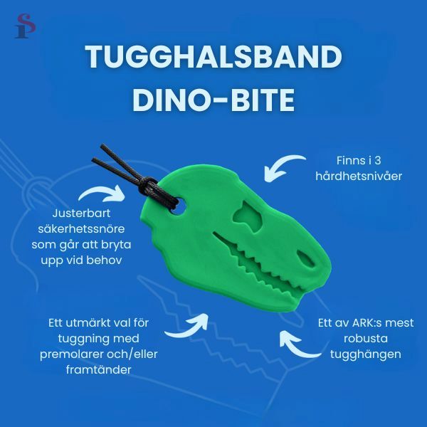 Informationsbild om Tugghalsband Dino-Bite med pilar som beskriver egenskaper.