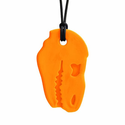 Tugghalsband Dino Bite i orange färg formad som dinosaurieskalle.