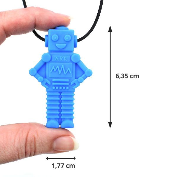 Blå RoboChew i robotform, ca 6,35 cm hög och 1,77 cm bred.
