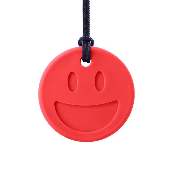 Rött tugghalsband i smileyformat, tryggt för barn med tuggbehov
