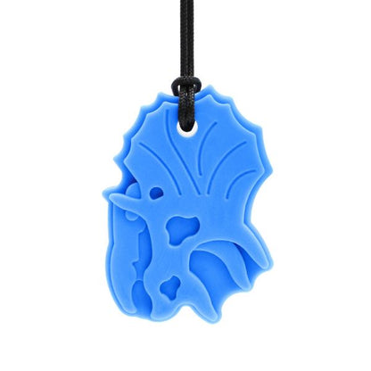 Blå Triceratops tugghalsband, robust design för ADHD och autism.