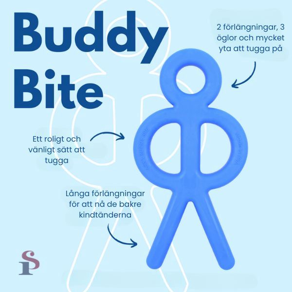 Produktinformation om Buddy Bite, med mått och tre hårdhetsgrader.