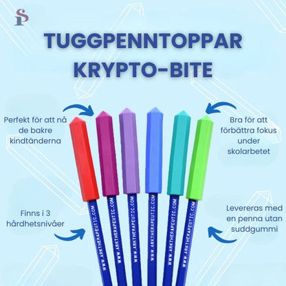Flera Krypto-Bite tuggpenntoppar i olika hårdheter, anpassade för mild till intensivt tuggande.
